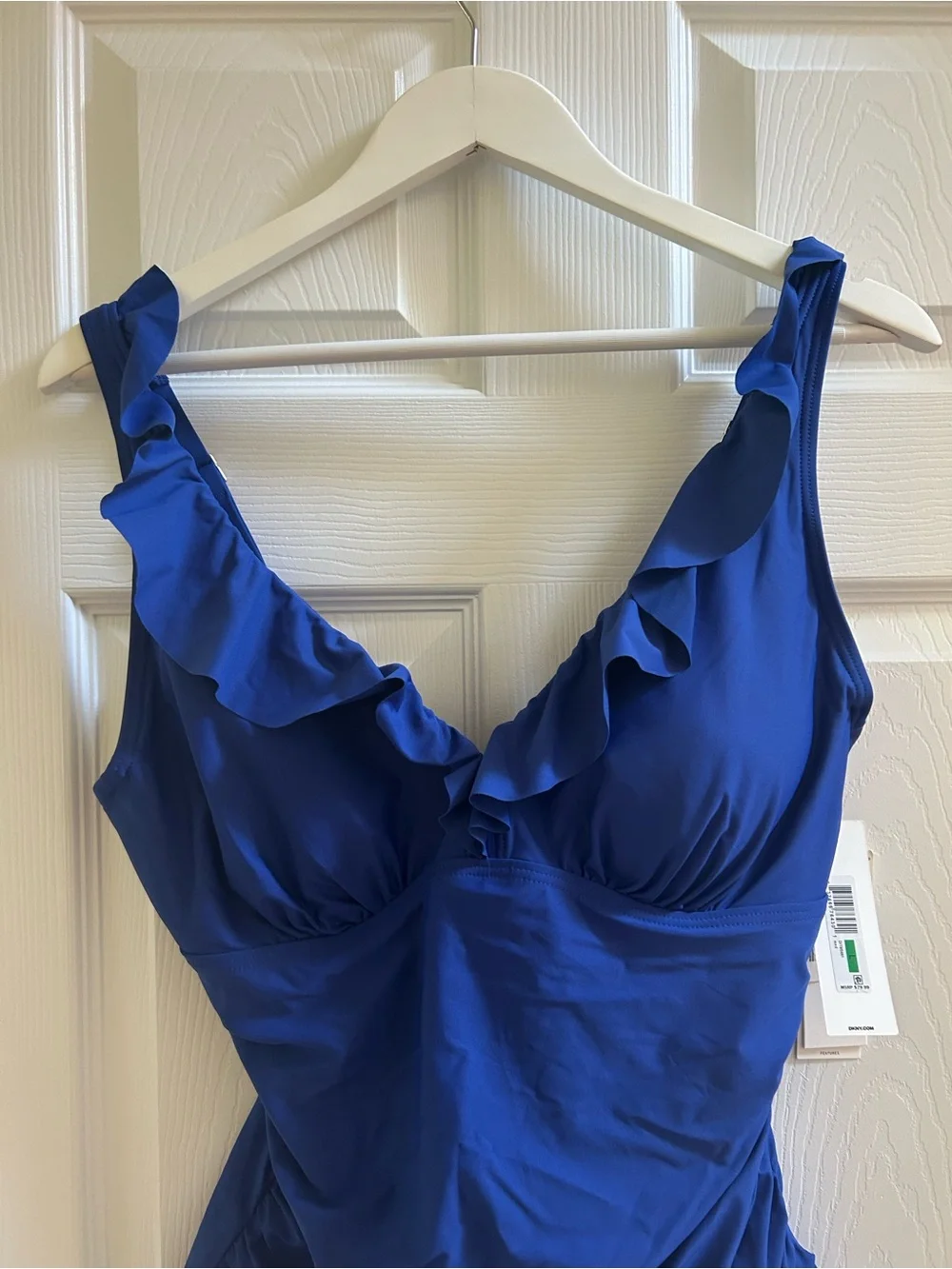 NWT DKNY Ruffle Plunge Underwire Tummy Control One Piece Swimsuit Blue Size L